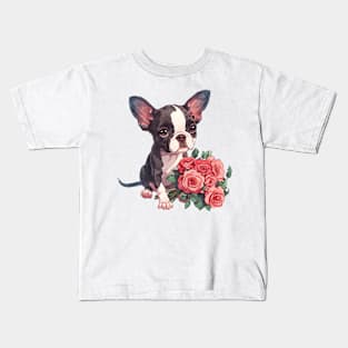 Valentine Boston Terrier Dog Giving Flowers Kids T-Shirt